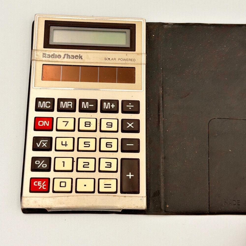 Radio Shack Vintage Solar Powered Calculator with Black Folding Wallet Case
